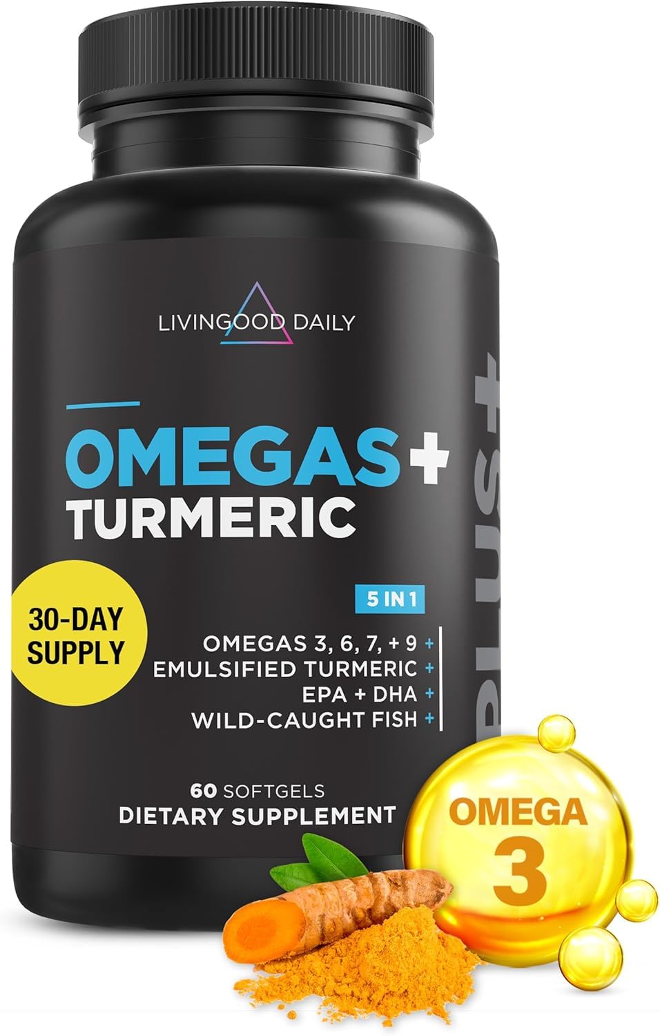 Livingood Daily Omega 3 6 9 Plus Turmeric Curcumin Supplement, 60 Softgels - Fish Oil Omega 3 Supplements (EPA & DHA) for Men and Women - Brain, Joint, Heart Health