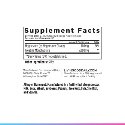 Livingood Daily Creatine + Magnesium Powder, Unflavored | 5g Micronized Creatine Monohydrate with Magnesium for Energy, Muscle Recovery & Performance | 30 Servings Livingood DailyBuy Supplements Australia