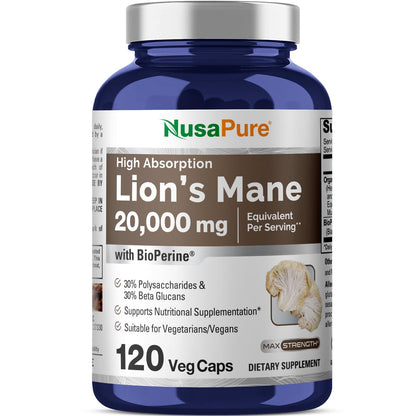 NusaPure Lions Mane 20:1 Extract (20,000 mg Equivalent) - Made with Organic Lion`s Mane, Bioperine - 30% Polysaccharides - 120 Veggie Caps. Non-GMO, Gluten Free NusaPureBuy Supplements Australia