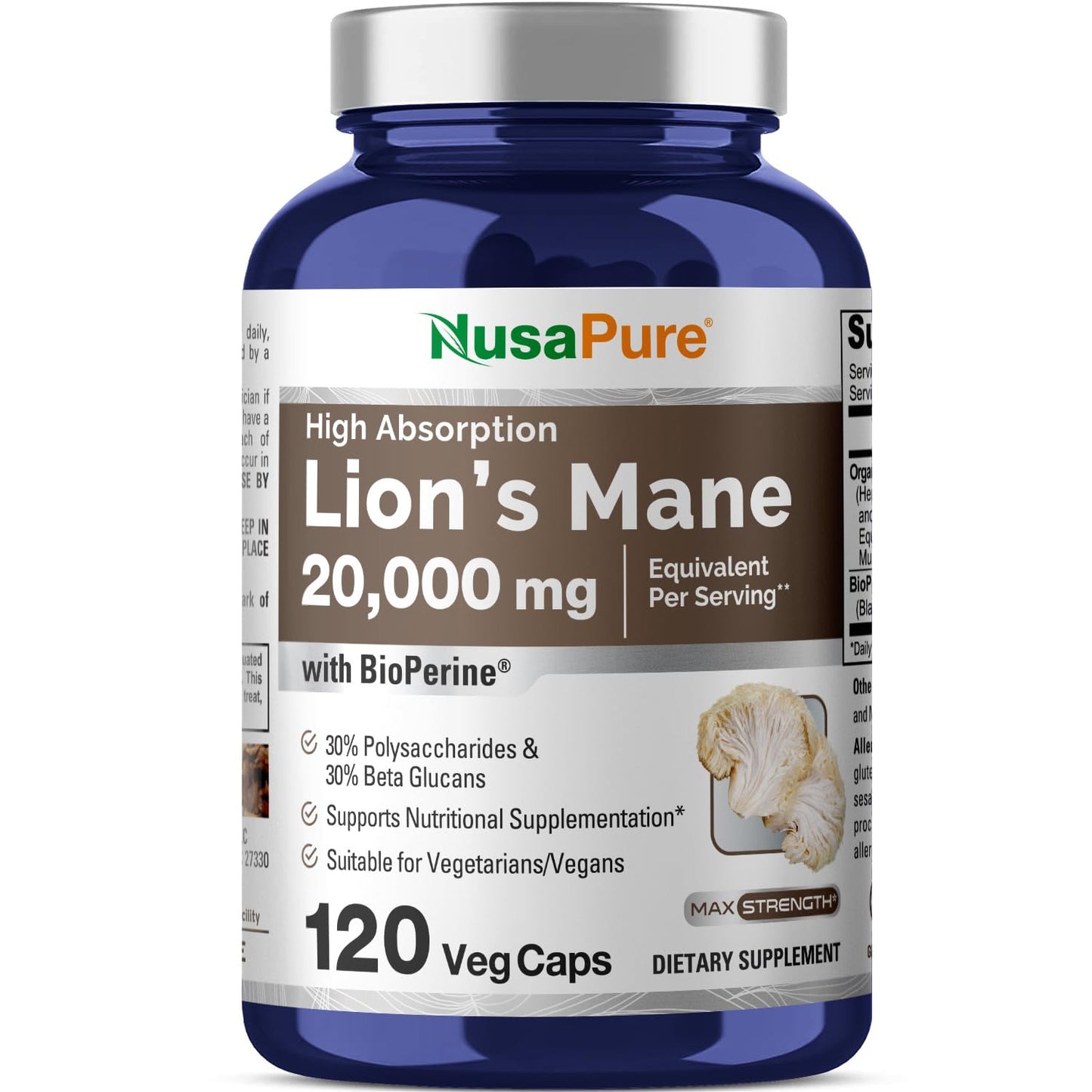 NusaPure Lions Mane 20:1 Extract (20,000 mg Equivalent) - Made with Organic Lion`s Mane, Bioperine - 30% Polysaccharides - 120 Veggie Caps. Non-GMO, Gluten Free NusaPureBuy Supplements Australia