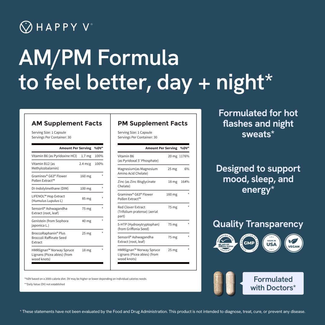 Happy V Menopause Relief Supplement for Women – Hormone Balance, Hot Flash & Night Sweat Support, Mood & Energy Booster, Vaginal Wellness, Perimenopause & Postmenopause Support – 60 Vegan Capsules Happy VBuy Supplements Australia