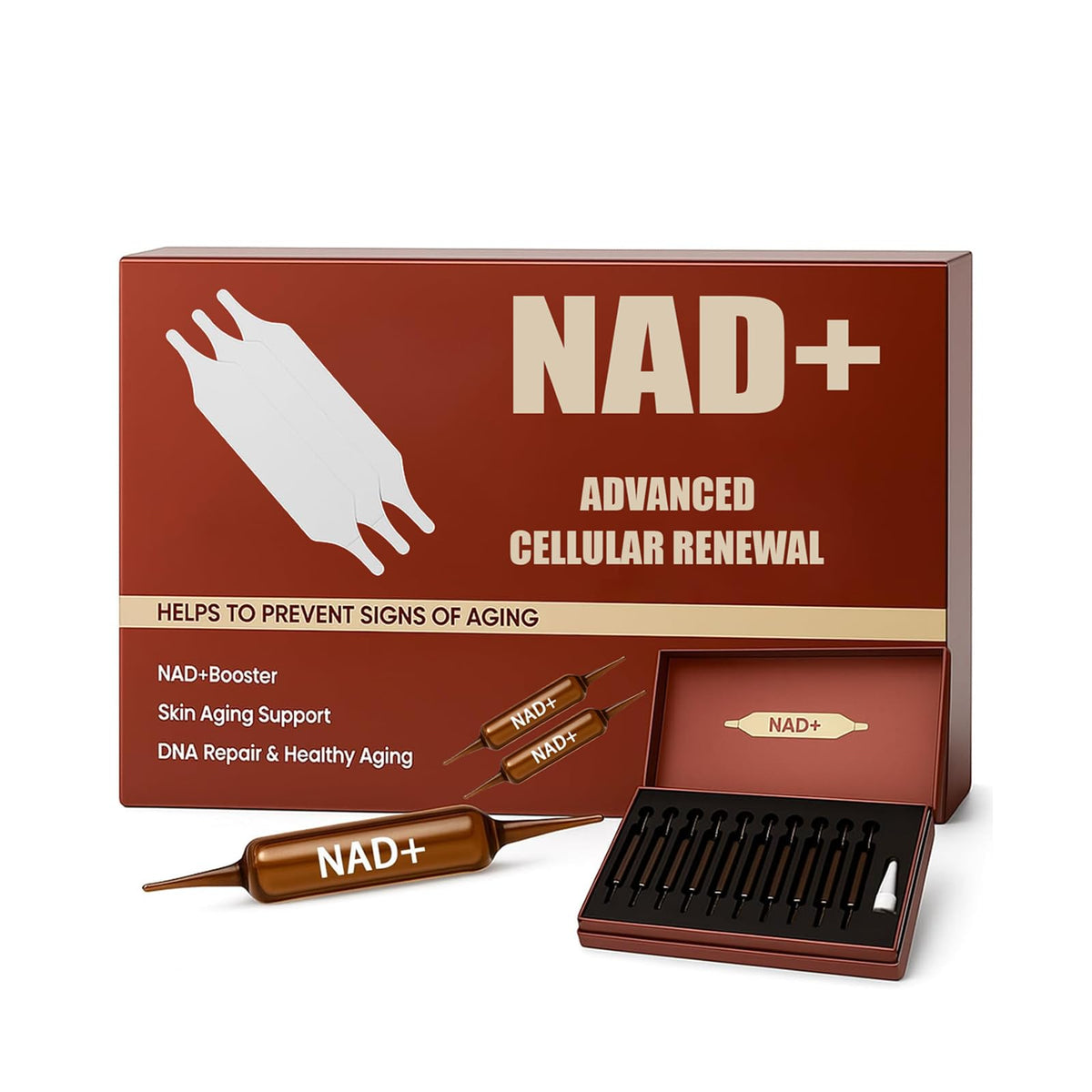 NAD+ supplement packaging with syringes and a box on a white background