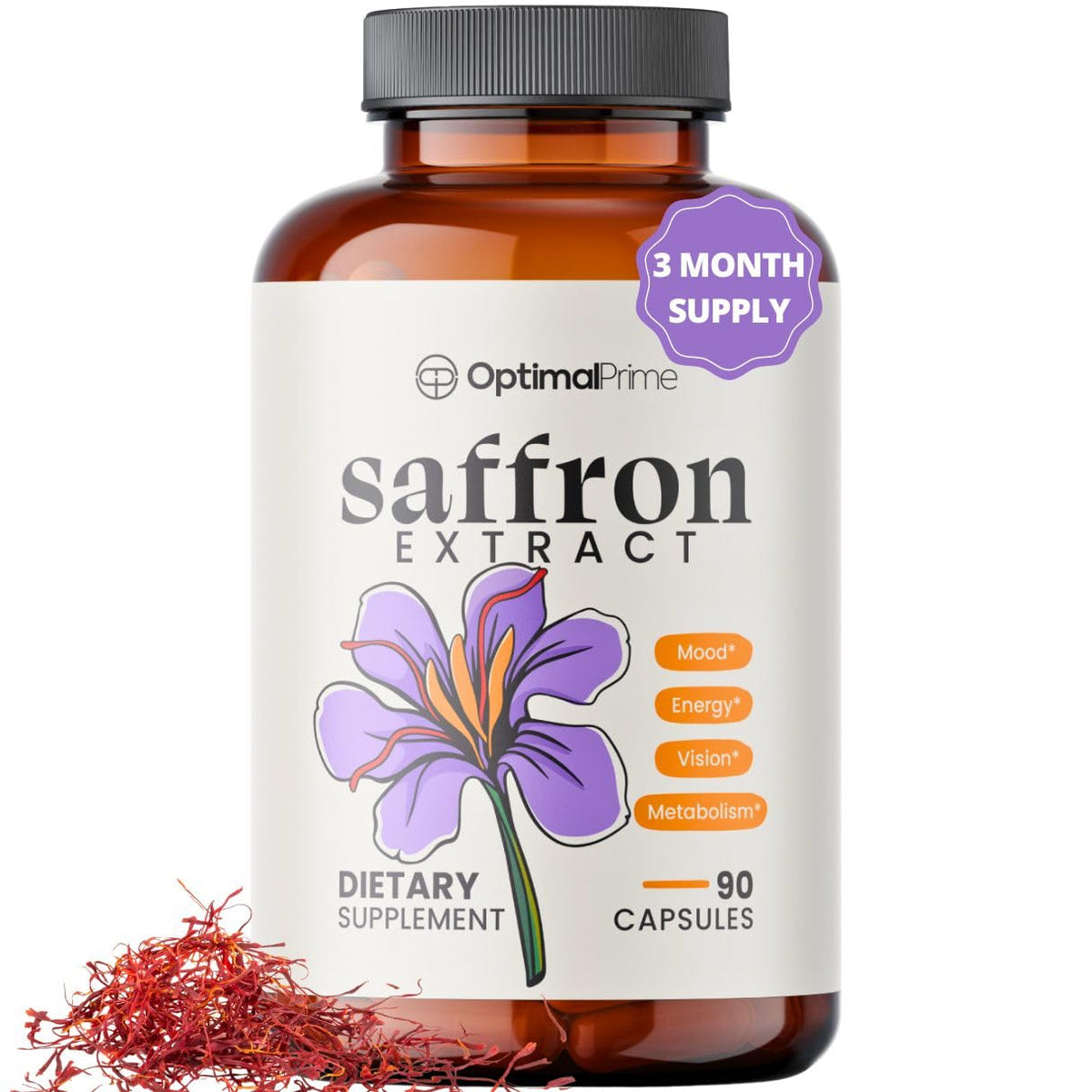 Optimal Prime Saffron Supplement - 100% Pure Saffron Extract 88.5mg - Helps Support Optimal Mood, Energy, and Metabolism, Vegetarian Friendly, Non-GMO, Gluten-Free, Soy-Free, 90 Capsules Optimal Prime buy supplements Au