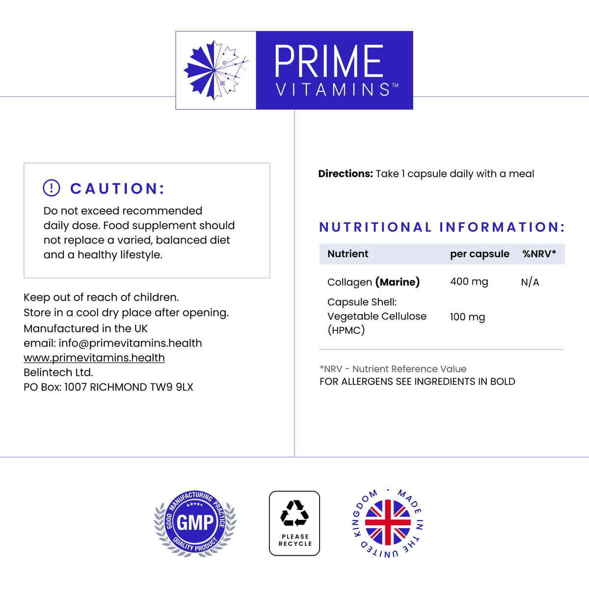 Marine Collagen 400mg | Hydrolysed Collagen Supplements for Women & Men PRIME VITAMINSBuy Supplements Australia