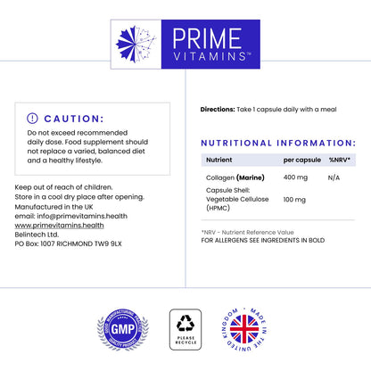Marine Collagen 400mg | Hydrolysed Collagen Supplements for Women & Men PRIME VITAMINSBuy Supplements Australia