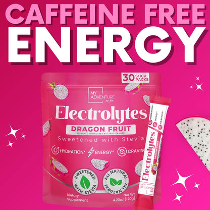 Zero Sugar Dragon Fruit Electrolytes Sticks - Refreshing Hydration - Caffeine Free Energy with Natural Ingredients - Vegan, Keto & Paleo