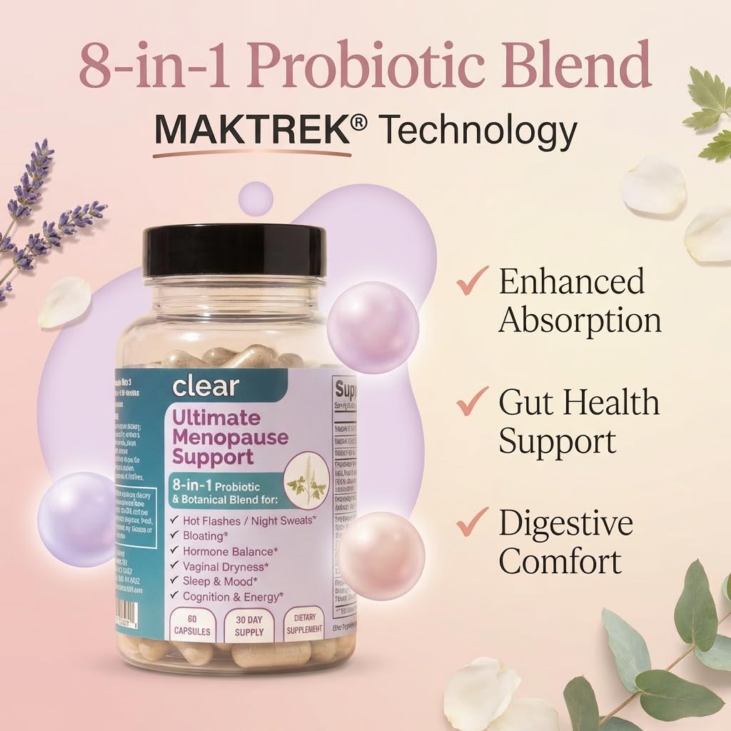 Clear Menopause Support for Women | 25-in-1 Formula with Black Cohosh, Dong Quai, Pre & Probiotics | Hot Flashes, Night Sweats, Mood, Sleep & Digestion | Hormone-Free | Made in USA | 60 Capsules Clear ProbioticsBuy Supplements Australia