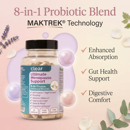 Clear Menopause Support for Women | 25-in-1 Formula with Black Cohosh, Dong Quai, Pre & Probiotics | Hot Flashes, Night Sweats, Mood, Sleep & Digestion | Hormone-Free | Made in USA | 60 Capsules Clear ProbioticsBuy Supplements Australia