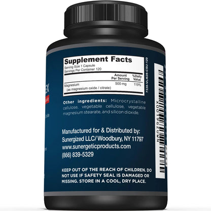 Premium Magnesium Citrate Capsules – Powerful 500mg Magnesium Oxide & Citrate Supplement – Helps Support Healthy Bones, Muscles, Teeth, Energy & Relaxation – 120 Vegetable Capsules SunergeticBuy Supplements Australia