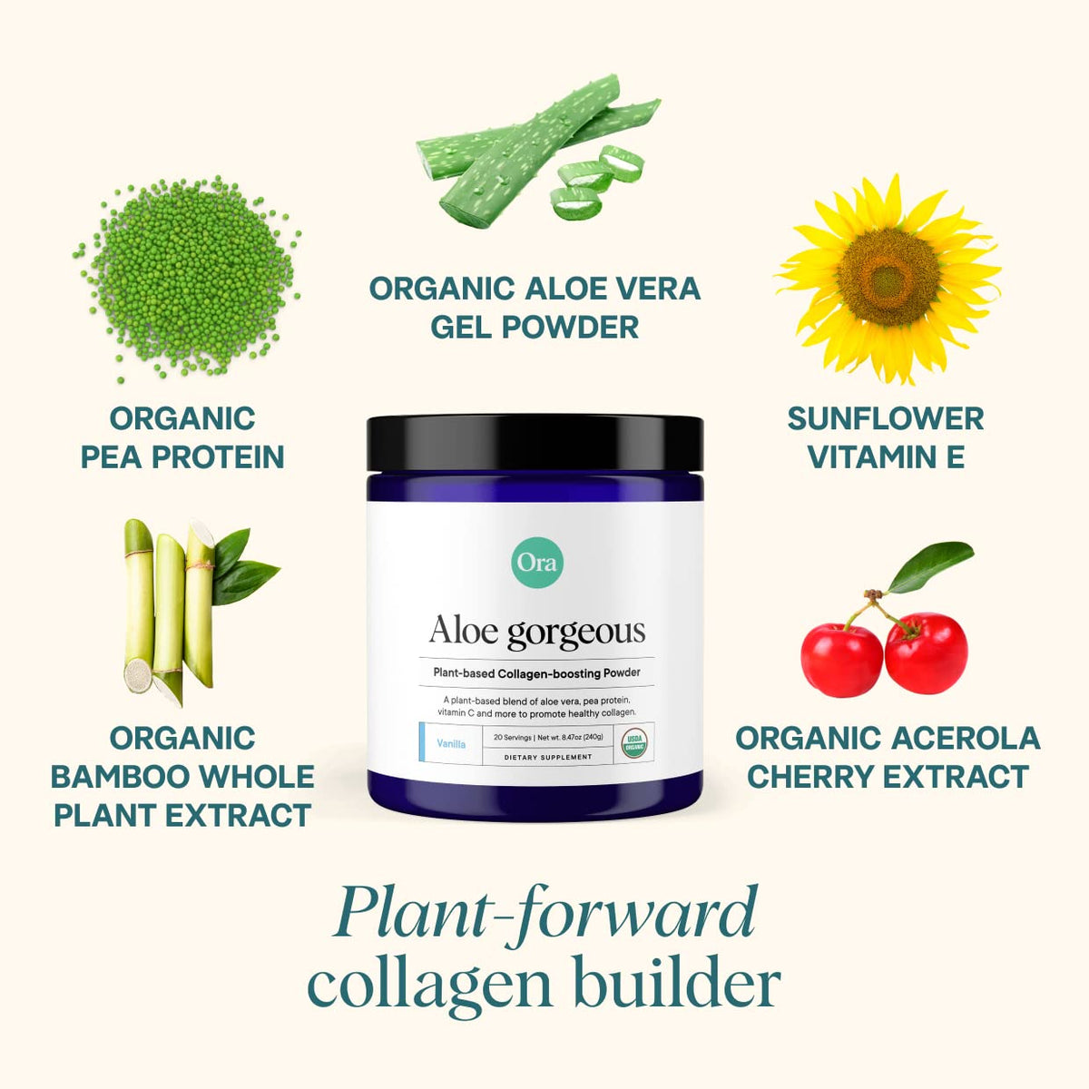 Ora Organic Vegan Collagen-Boosting Powder for Women and Men - Hair, Skin, & Nails Support - Bamboo Silica, Plant-Based Protein, Organic Vitamin C, Aloe Vera - Vanilla Flavor, 20 Servings Ora OrganicBuy Supplements Australia