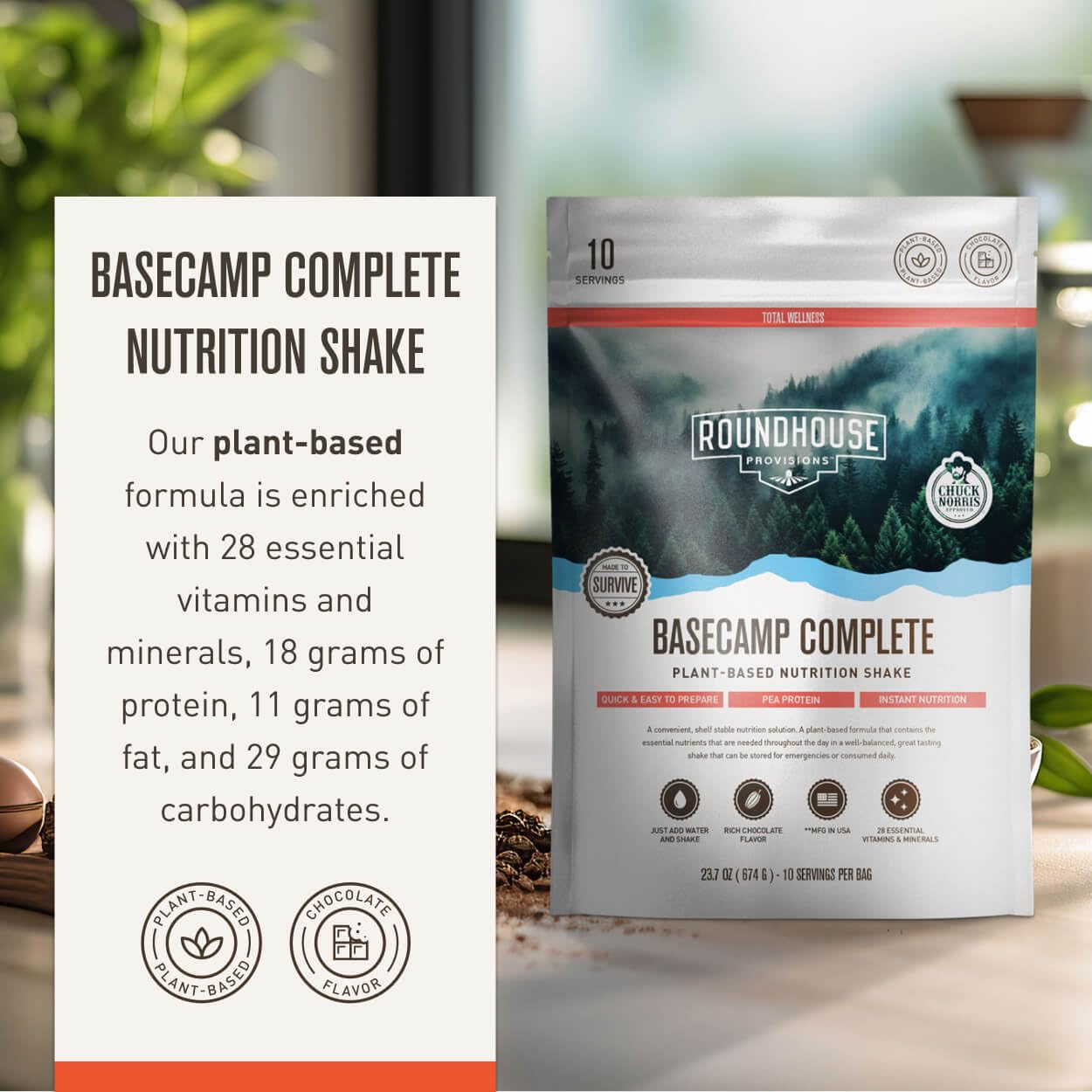 Basecamp Complete Nutrition Shake by Chuck Norris Roundhouse Provisions – Plant-Based Emergency Meal with 18g Protein & 28 Essential Nutrients – Rich Chocolate Flavor – 10 Servings, 3-Year Shelf Life ROUNDHOUSE PROVISIONBuy Supplements Australia