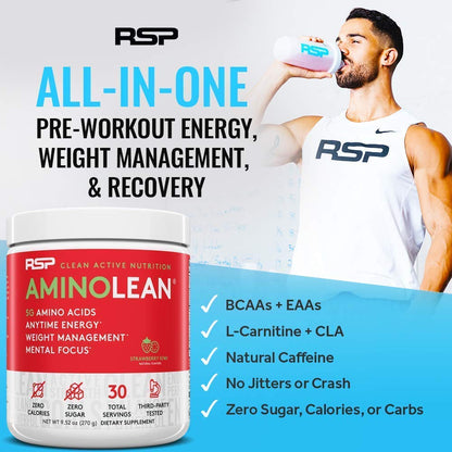 RSP NUTRITION AminoLean Pre Workout Energy (Watermelon 30 Servings) with TrueFit Protein Powder (Vanilla 2 LB)