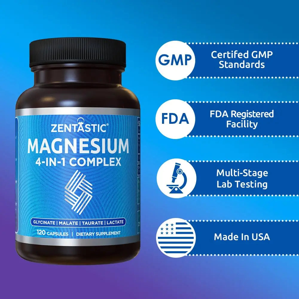 Zentastic Magnesium Complex 4-in-1 Supplement – Magnesium Glycinate, Malate, Taurate & Lactate – Chelated High Absorption for Nerves, Zentastic canada supplements