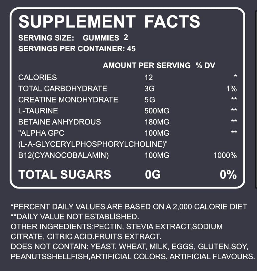 FlexPrime Creatine Gummies Sugar Free - 6g Creatine Monohydrate + L-Taurine, Alpha GPC, Betaine | Vegan Halal Blueberry Chews for Lean Muscle, Strength, Brain Health | Men Women 90 Count FlexPrimeBuy Supplements Australia
