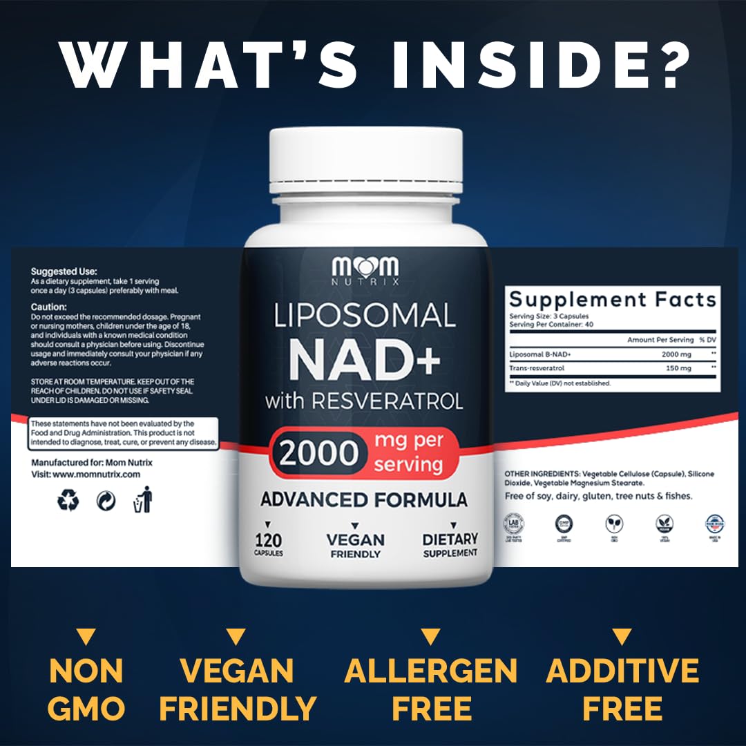 MOM NUTRIX Liposomal NAD Supplement with Resveratrol - High Purity NAD Plus 2000 mg, 120 Capsules, Made in The USA - NMN Alternative MOM NUTRIXBuy Supplements Australia