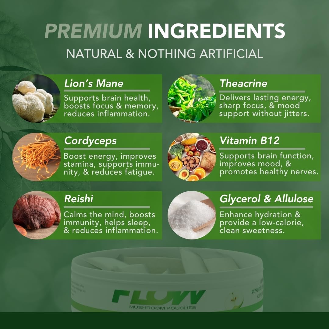 Flow Pouches Mushroom Nootropic Pouches - 600mg Organic Mushroom Energy Ultra Pouches with Lion's Mane, Reishi, Cordyceps for Focus & Clean Energy - Zero Caffeine or Sugar (5 Can Pack, Sour Apple) Flow Pouches buy supplements Au
