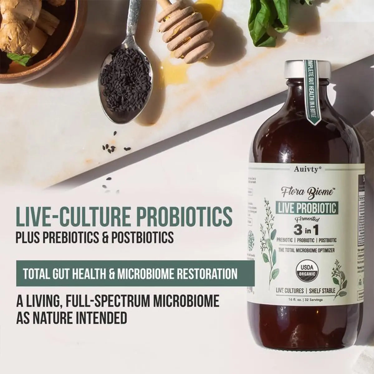 Auivty Flora Biome Live Probiotic Liquid, 3-in-1 Probiotic + Prebiotic + Postbiotic, 30 Billion CFU (at Time of Manufacture), 10 Strains, Fermented Herbal Blend with 18 Herbs, Shelf Stable, 16 fl oz AuivtyBuy Supplements Australia