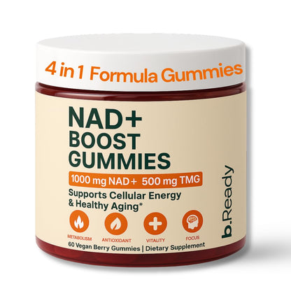 Jar of NAD+ Boost Gummies with b.Ready branding on a white background