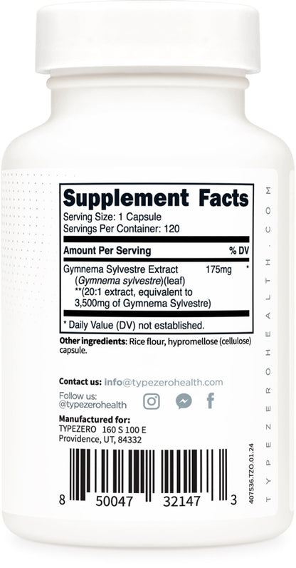 Type Zero Clean Gymnema Sylvestre 3,500mg Equivalent from 175mg of 20:1 Extract Per Serving, 120 Capsules for 120 Servings Per Bottle, Non-GMO. Gluten Free Type ZeroBuy Supplements Australia