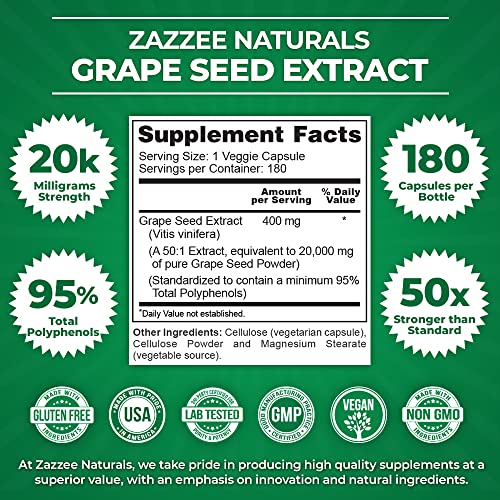 Zazzee High Strength Grape Seed 50:1 Extract, 20,000 mg Strength, 180 Vegan Capsules ZazzeeBuy Supplements Australia