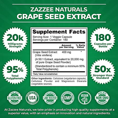 Zazzee High Strength Grape Seed 50:1 Extract, 20,000 mg Strength, 180 Vegan Capsules ZazzeeBuy Supplements Australia