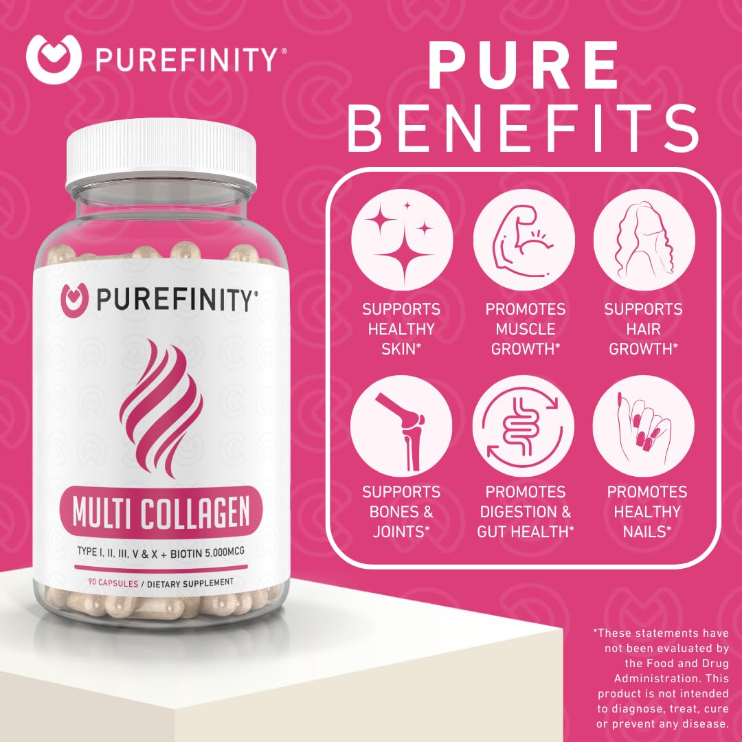PUREFINITY Collagen Peptides for Women – Type I, II, III, V & X with Biotin & Hyaluronic Acid, Supports Healthy Skin, Bones, Hair & Nails – Non-GMO, Grass-Fed (90 Capsules, 1 Month Supply) PUREFINITYBuy Supplements Australia