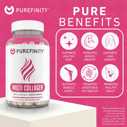 PUREFINITY Collagen Peptides for Women – Type I, II, III, V & X with Biotin & Hyaluronic Acid, Supports Healthy Skin, Bones, Hair & Nails – Non-GMO, Grass-Fed (90 Capsules, 1 Month Supply) PUREFINITYBuy Supplements Australia