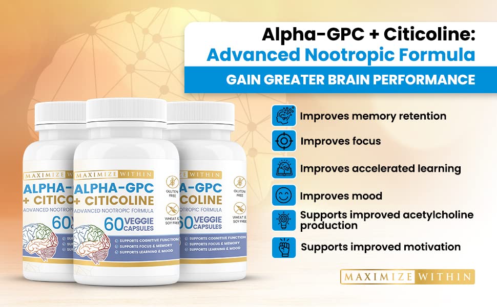 Maximize Within Alpha GPC + Citicoline 60 Ct, 1600mg Concentrated Formula- 99%+Highly Purified & Bioavailable Nootropic-Cognitive Enhancer, Supports Memory, Brain Function, Boosts Focus, Mood & Energy Maximize WithinBuy Supplements Australia
