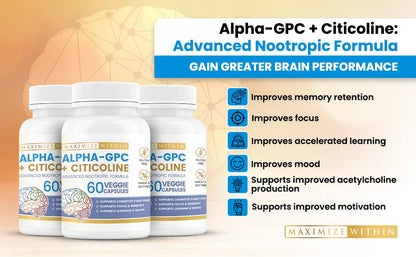 Maximize Within Alpha GPC + Citicoline 60 Ct, 1600mg Concentrated Formula- 99%+Highly Purified & Bioavailable Nootropic-Cognitive Enhancer, Supports Memory, Brain Function, Boosts Focus, Mood & Energy Maximize WithinBuy Supplements Australia