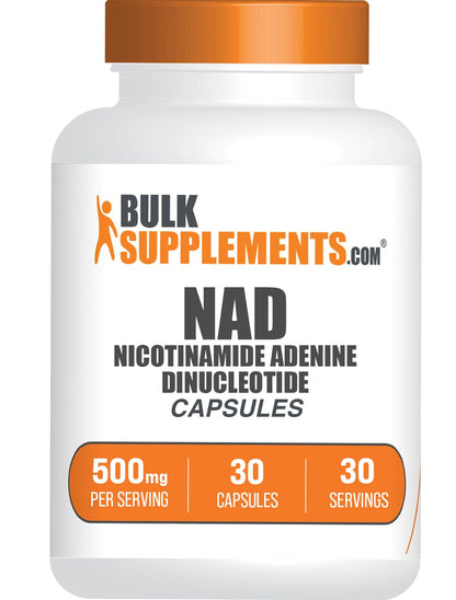 Supplement bottle labeled 'Bulk Supplements NAD Nicotinamide Adenine Dinucleotide Capsules' on a white background