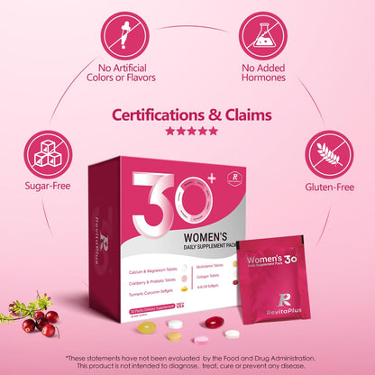 RevitaPlus Multivitamin for Women with Vitamin A,B,C,D3,E,K2,Biotin, Collagen,Krill Oil,Cranberries Supports Energy,Wellness,Beauty and Immune - Vitamin Packs for Women Health 30 Packs RevitaPlusBuy Supplements Australia