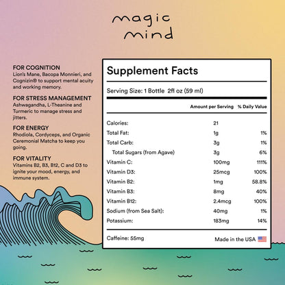 Magic Mind Focus Energy Drink Shots - No Jitters, Stress Relieving, Ashwagandha, Functional Mushrooms, Matcha Green Tea, Vitamin B12, Vitamin C - 2 FL Oz (5 Pack) Magic MindBuy Supplements Australia