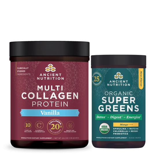 Two Ancient Nutrition protein powder containers, one for multi collagen protein and the other for organic super greens, on a white background.