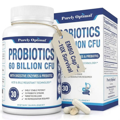 Purely Optimal Probiotics for Digestive Health, 60 Billion CFU – Delayed-Release with Digestive Enzymes & Organic Prebiotics – Bloating, Immune & Energy Support, 30 Caps Purely OptimalBuy Supplements Australia