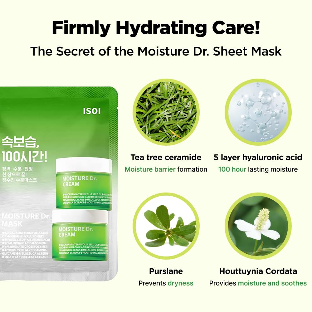 ISOI Moisture Dr. Mask Pack, Hydrating & Soothing Korean Sheet Mask for Face with Tea Tree, Ceramide & Hyaluronic Acid, Nourishing Skin Barrier Care, Korean Skin Care (10EA) ISOI buy supplements Au