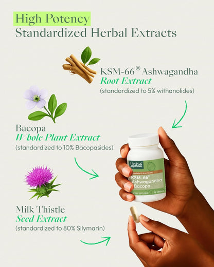 Upbe Ashwagandha Supplements for Women & Men - KSM-66® with Bacopa & Milk Thistle, 60 Vegan Capsules - Stress Relief, Mood, Cortisol Support, Extra Strength Ashwagandha Capsules UpbeBuy Supplements Australia