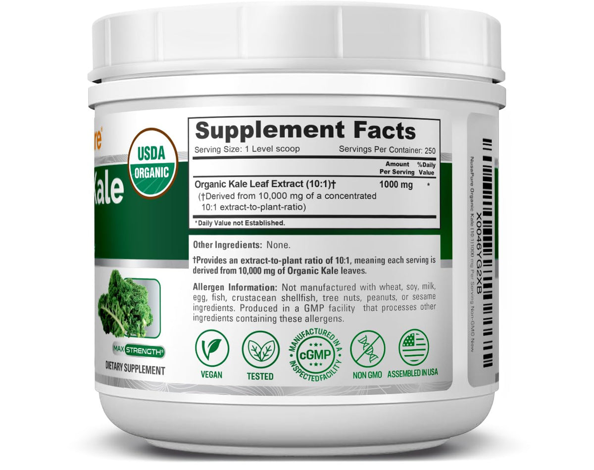 NusaPure Organic Kale Powder Extract 10:1 - Suitable for Vegetarian/Vegan, Non- GMO - 10,000 mg - 250 Capsules NusaPureBuy Supplements Australia