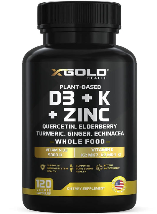 Vitamin D, K2, K1, Zinc, Quercetin, Elderberry, Turmeric, Ginger & Echinacea Whole Food Supplement 8 in 1- D3 5000 IU Plant-Based from Lichen, Vitamin K (K2 MK7, MK4, K1) X Gold Health canada supplements