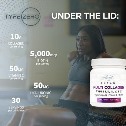 Type Zero Multi Collagen Powder 30 Servings (Unflavored) - Types I, II, III, V, & X Collagen Peptides + Hyaluronic Acid, VIT C, Biotin Type ZeroBuy Supplements Australia