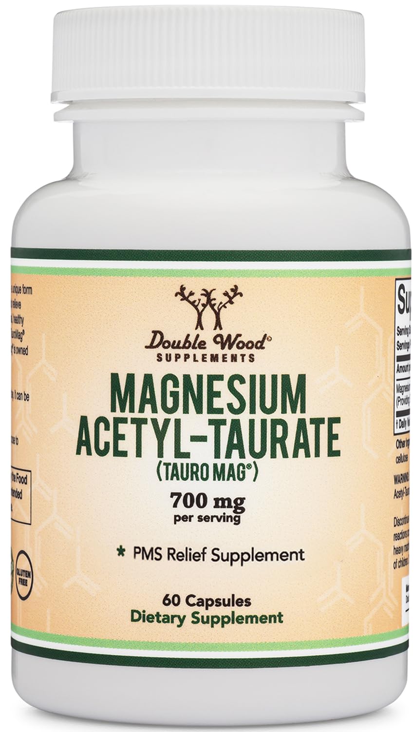 Magnesium Acetyl-Taurate (ATA MG, TauroMag) Novel and Patented Form of Magnesium for PMS and Cramp Relief (60 Capsules, 350mg) PMS Relief Magnesium Supplement by Double Wood Supplements Double Wood SupplementsBuy Supplements Australia