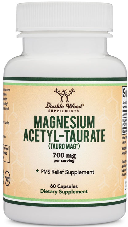 Magnesium Acetyl-Taurate (ATA MG, TauroMag) Novel and Patented Form of Magnesium for PMS and Cramp Relief (60 Capsules, 350mg) PMS Relief Magnesium Supplement by Double Wood Supplements Double Wood SupplementsBuy Supplements Australia