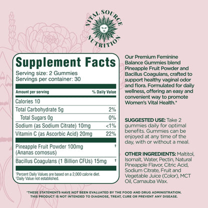 Vital Source Nutrition Vaginal Probiotic Gummies for Women - pH Balance and Immune Defense, Support Healthy Odor and Vaginal Flora - Vegan, Gluten-Free