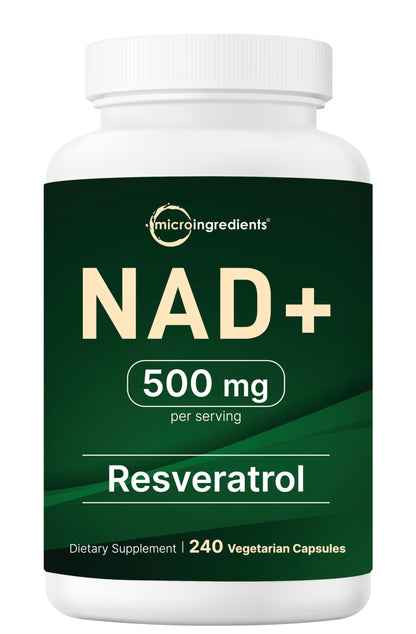 Supplement bottle labeled 'NAD+' with 500 mg per serving and Resveratrol on a white background.