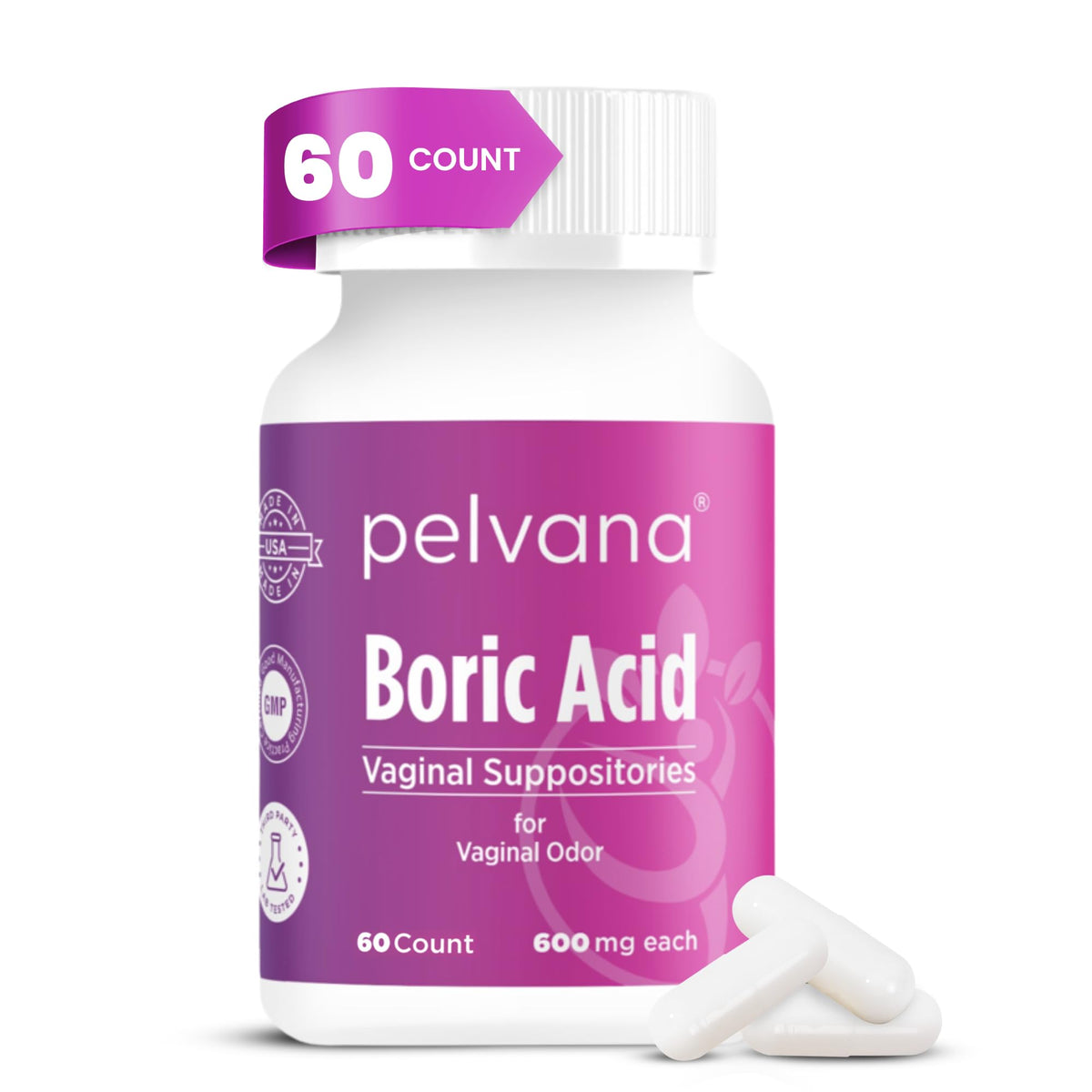 Pelvana Boric Acid Suppositories for Women - 60 Count - 600mg Boric Acid Capsules for Vaginal Odor Use PelvanaBuy Supplements Australia