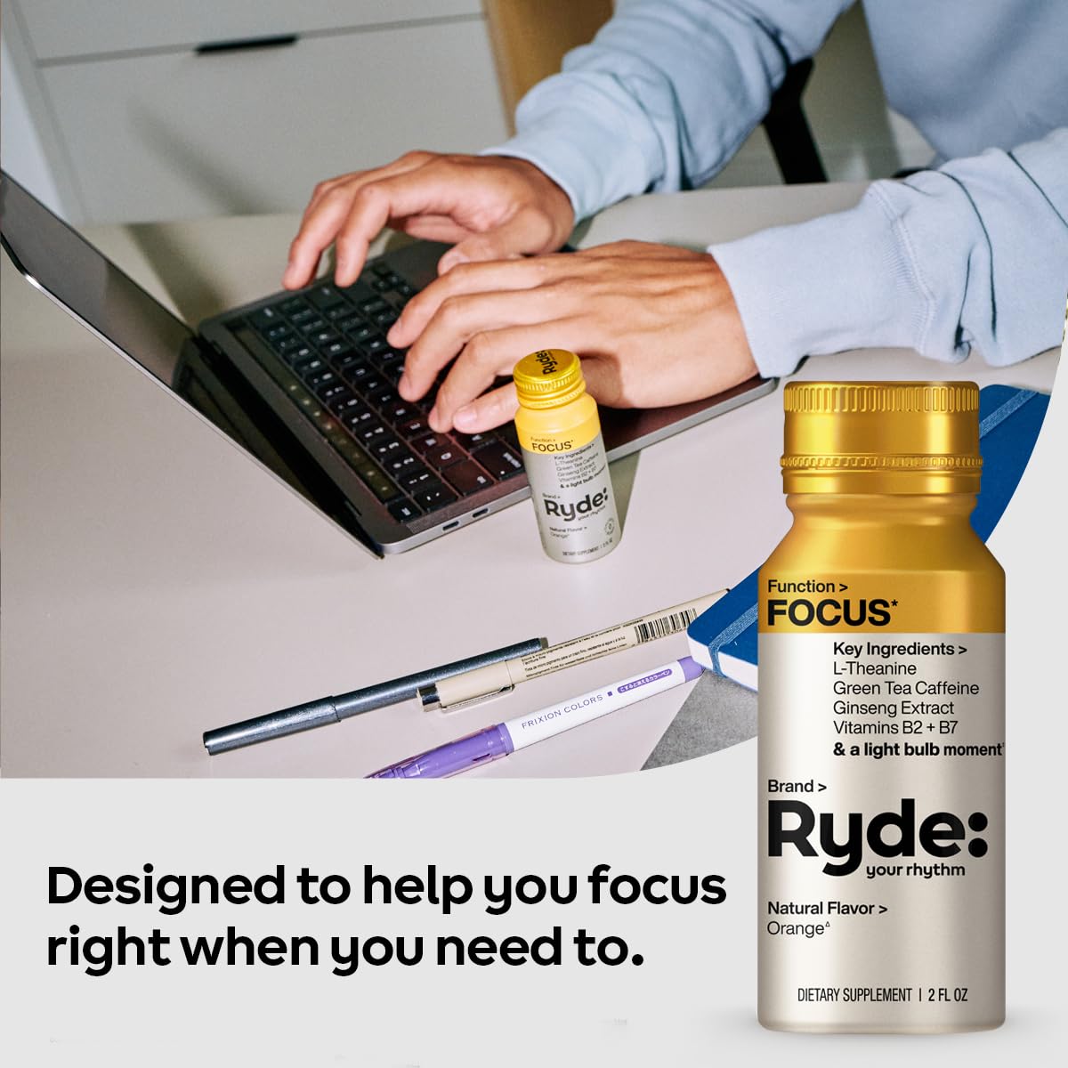 Ryde: Focus Shot | Orange Flavor | L-Theanine & Ginseng | Green Tea Caffeine | Vitamins B2 & B7 | 0 Calories, 0 Sugar | 2 FL OZ Shots | Supports Focus* (8 Pack) RYDEBuy Supplements Australia