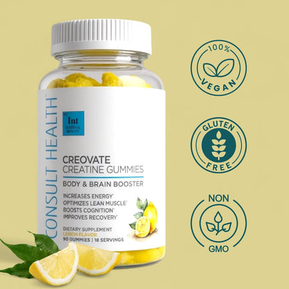 Consult Health CREOVATE CREATINE MONOHYDRATE Gummies 5g Dose for Men & Women to Support Muscle, Strength, Recovery, Cognitive Health & Memory, Zero Sugar, Gluten Free, Natural Lemon, 90 Count Consult HealthBuy Supplements Australia