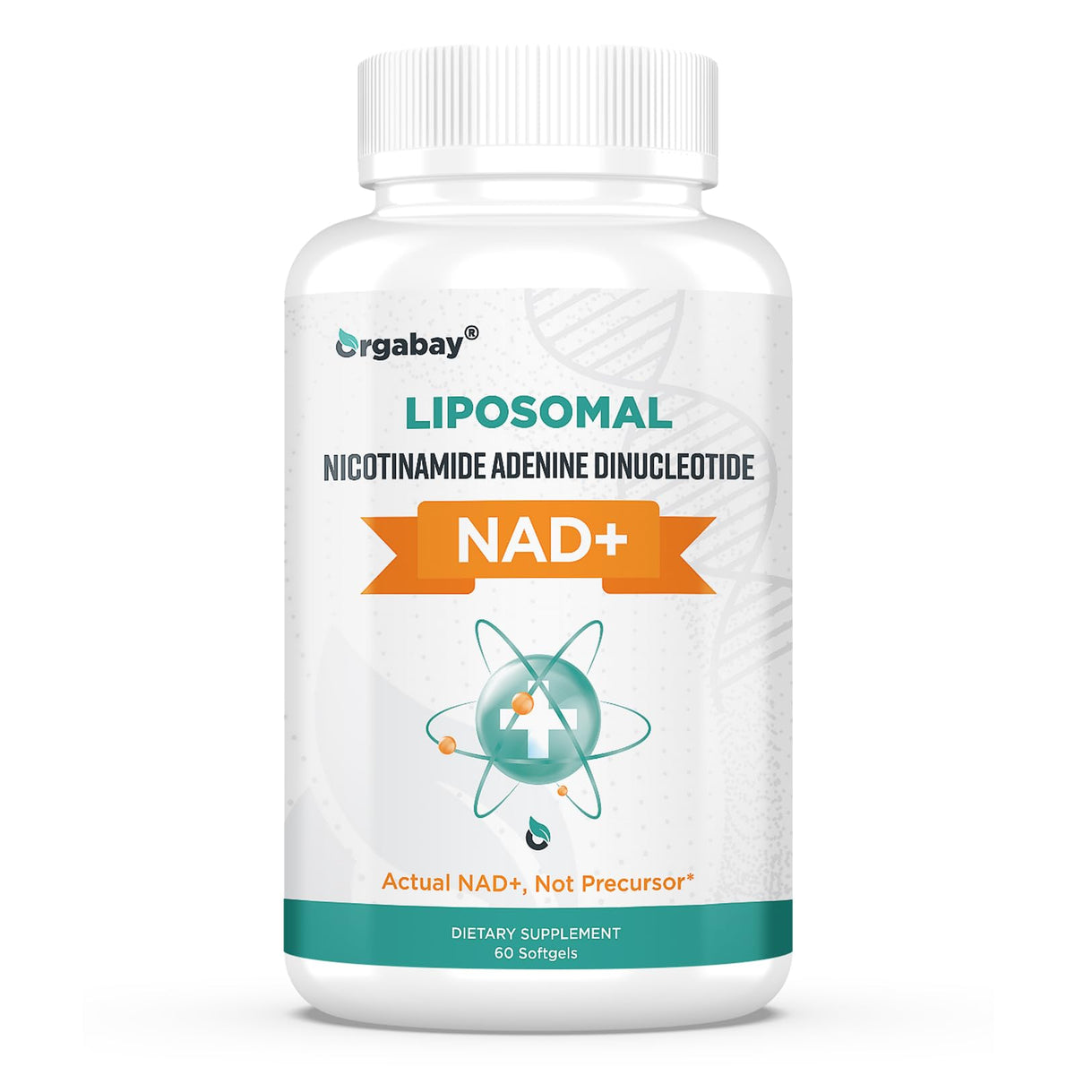 Bottle of Orgabay LIPOSOMAL NAD+ supplement on a white background