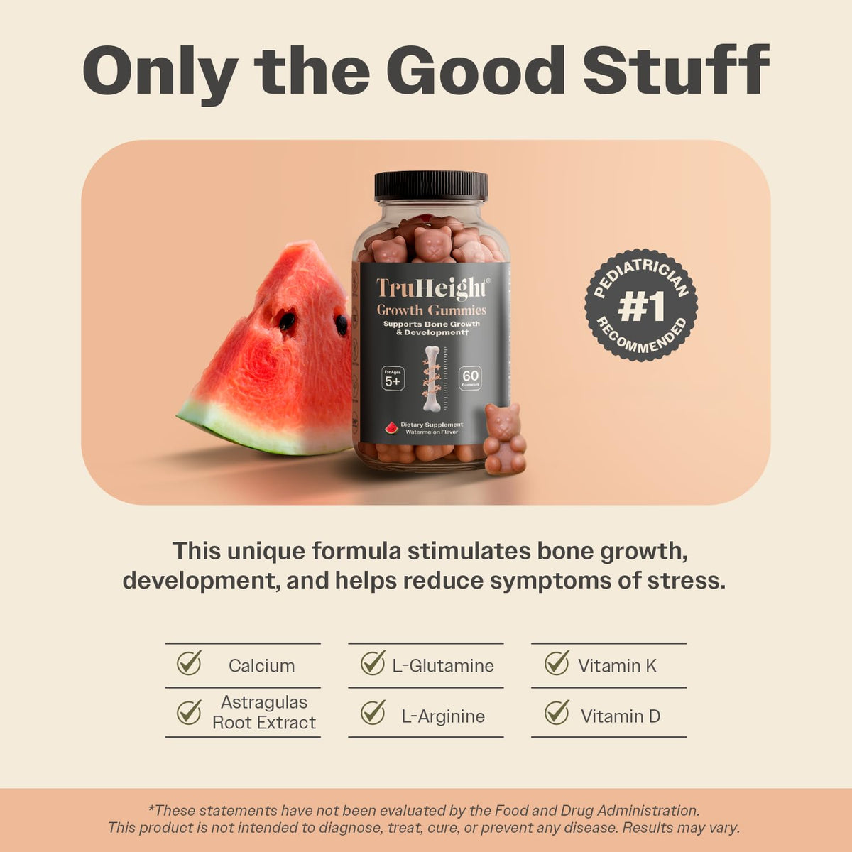 TruHeight Growth Gummies (Watermelon) Tall Nutrition for Natural Growth Supplement for Kids & Teens - Vitamin D, K, Calcium & Ashwagandha