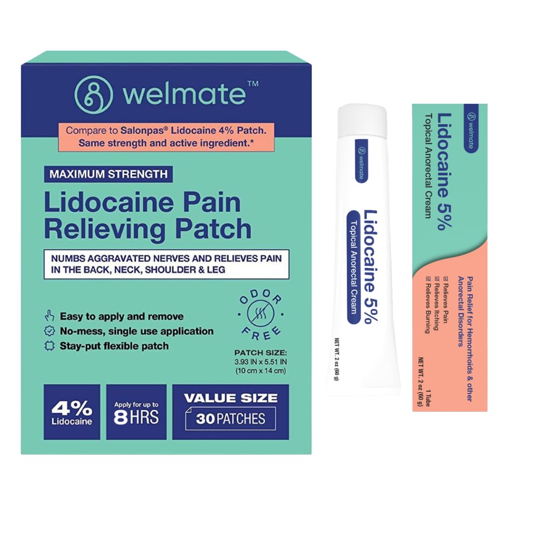 WELMATE Ultimate Pain Relief Duo: 4% Lidocaine Numbing Patch (30 Ct) & 5% Lidocaine Cream (2 Oz) | Maximum Strength Topical Analgesic Kit WELMATEBuy Supplements Australia