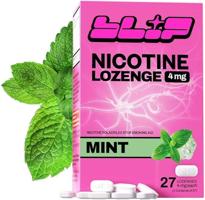 Pink box of nicotine lozenges with mint leaves on a white background